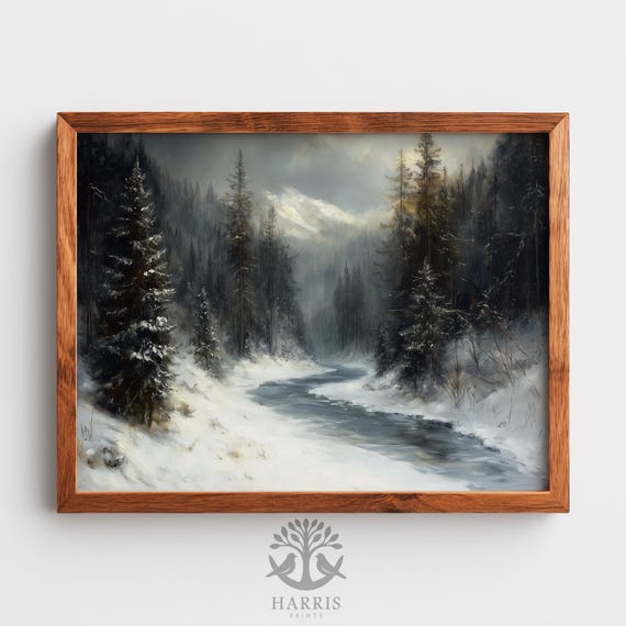 Moody Winter Forest Landscape Serene Stream In Snowy With Misty Mountains Wall Art Classic 537