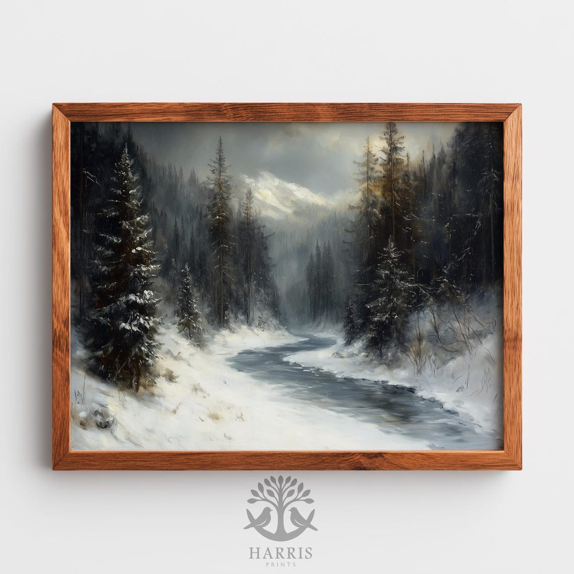Dark Winter Forest Stream Moody Snowy Landscape Oil Painting Wall Art