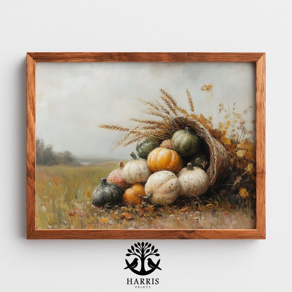 Rustic Autumn Cornucopia Still Life Vintage Thanksgiving Decor Muted Fall Colors Farmhouse Harvest Print Wall Art 284
