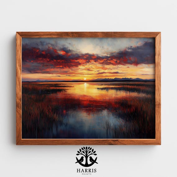 Patagonian Lagoon Sunset Painting Dramatic Warm Earthy Landscape Rustic Farmhouse Wall Art Moody Impressionist Decor 391