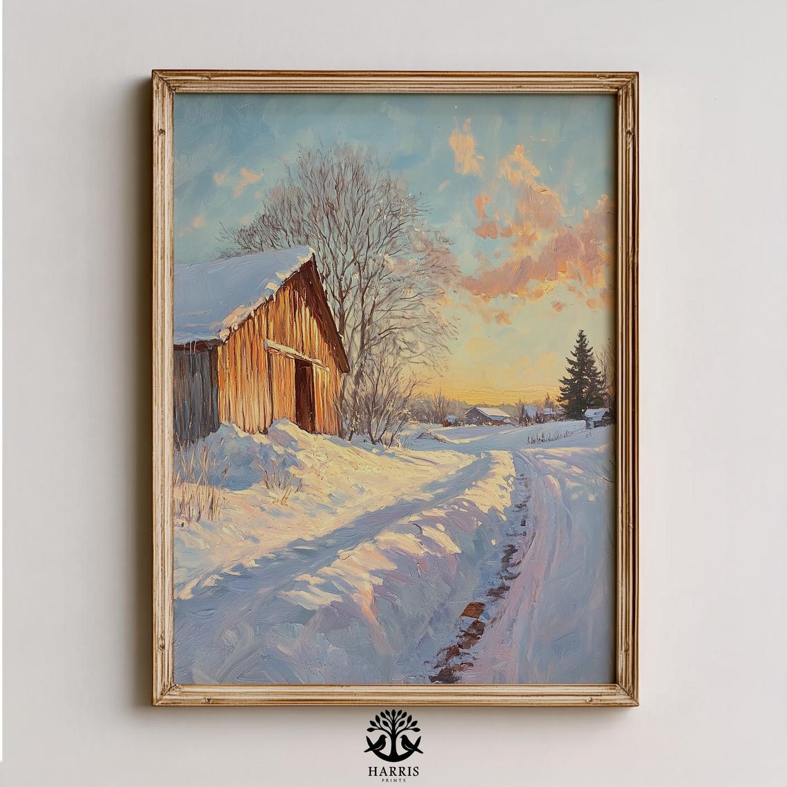 Snow Covered Barn At Sunrise Rustic Winter Countryside Art Poster