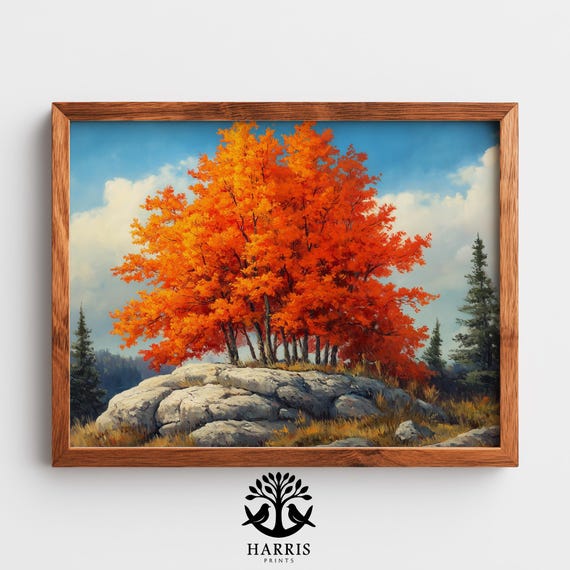 Autumn Maple Trees Cluster Vintage Fall Artwork Cozy Landscape Painting Rocky Outcrop Scene Rustic Country Decor Art 282