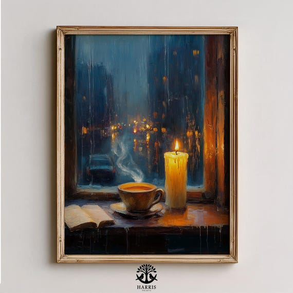 Moody Candle And Tea On Window Vintage Cozy Night Scene Painterly Warm Light Art With Rainy City View Instant 412
