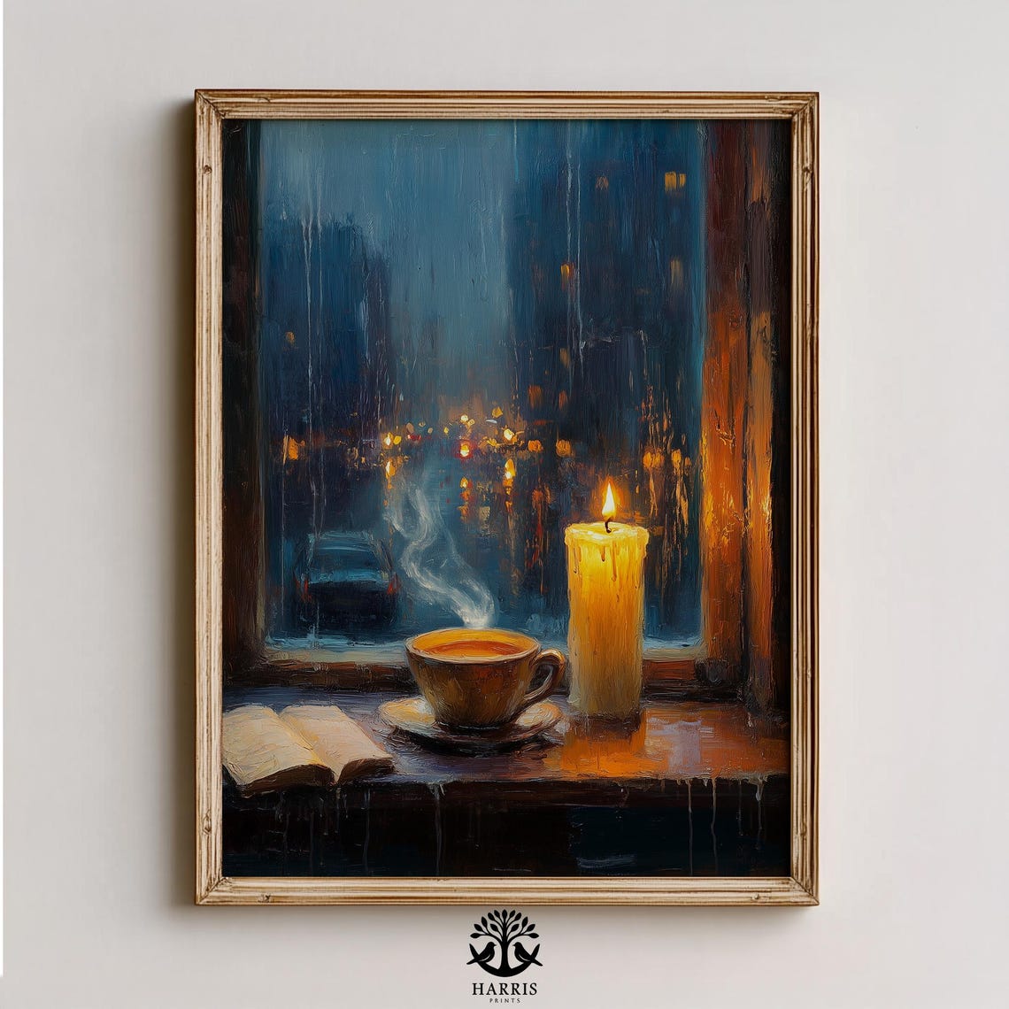 Candle Tea Rainy Night City Window Moody Cozy Painting Poster