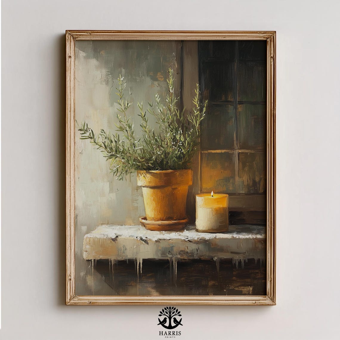 Snowy Rosemary Candle Windowsill Moody Winter Still Life Poster