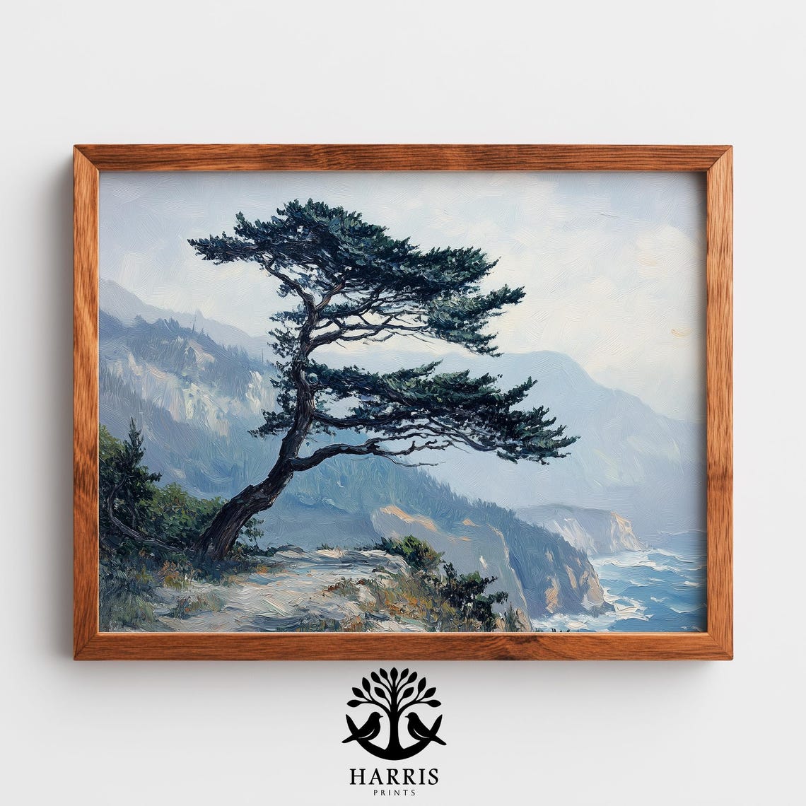 Lone Windswept Pine Tree Coastal Cliffs Ocean Oil Painting Print