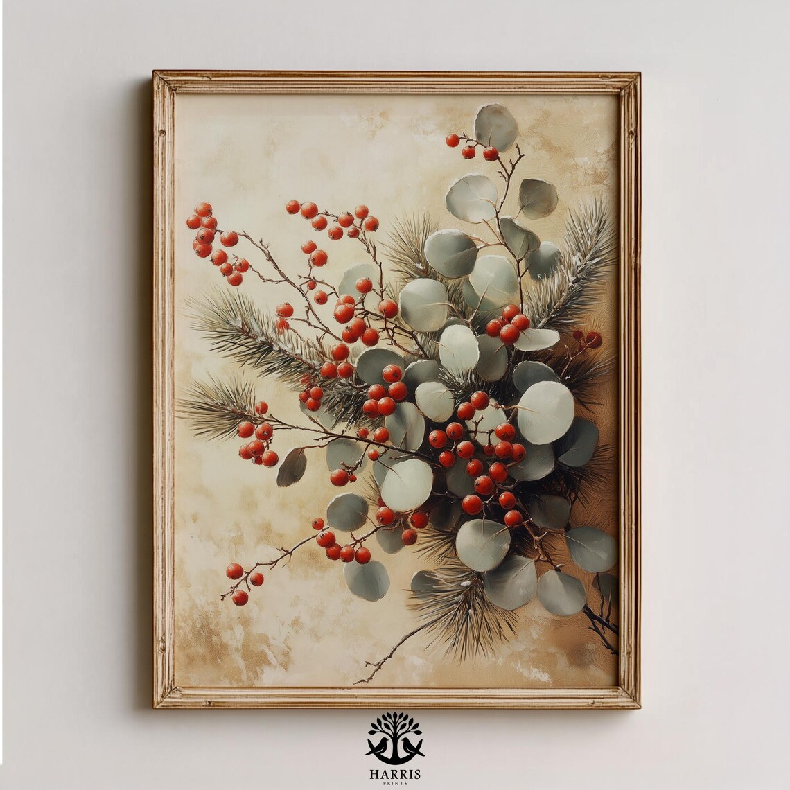 Winter Botanical Study Eucalyptus Red Berries Art Frosted Vintage Style Neutral Moody Decor 452