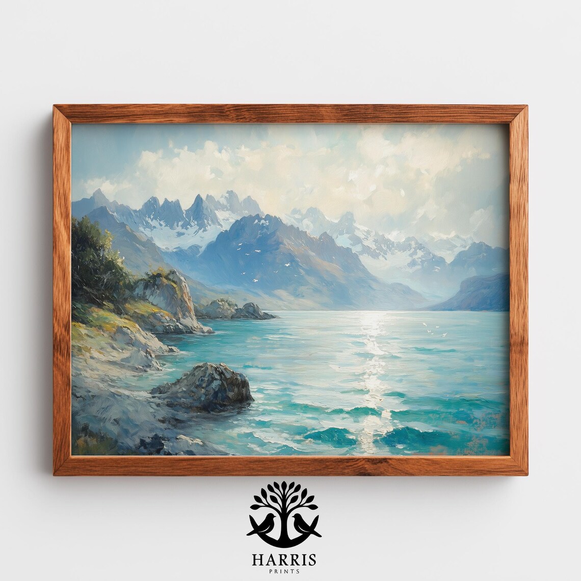 Moody Coastal Inlet Painting Snowy Peaks Sparkling Sea Vintage Wall Art