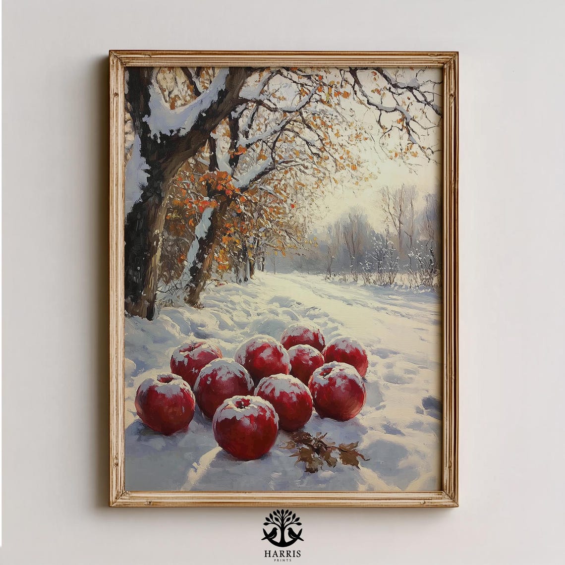 Red Apples Resting on Fresh Snow Winter Orchard Painting Print