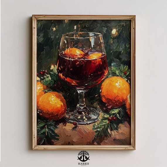 Festive Mulled Wine Glass Oranges Holiday Impasto Oil Painting Print