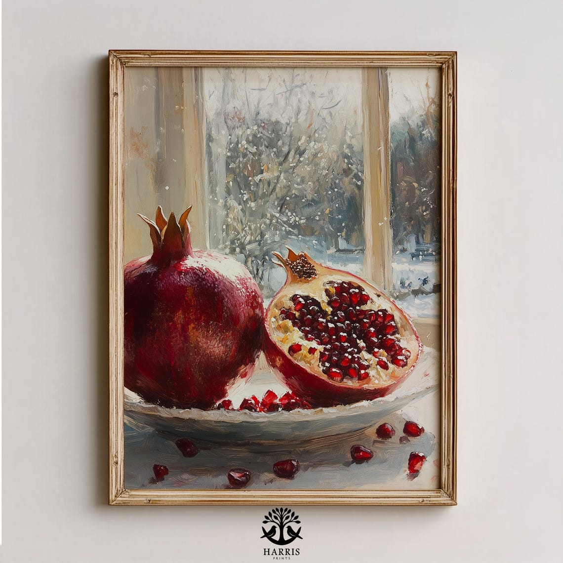 Pomegranate Still Life Ruby Seeds Snowy Window Oil Painting Poster