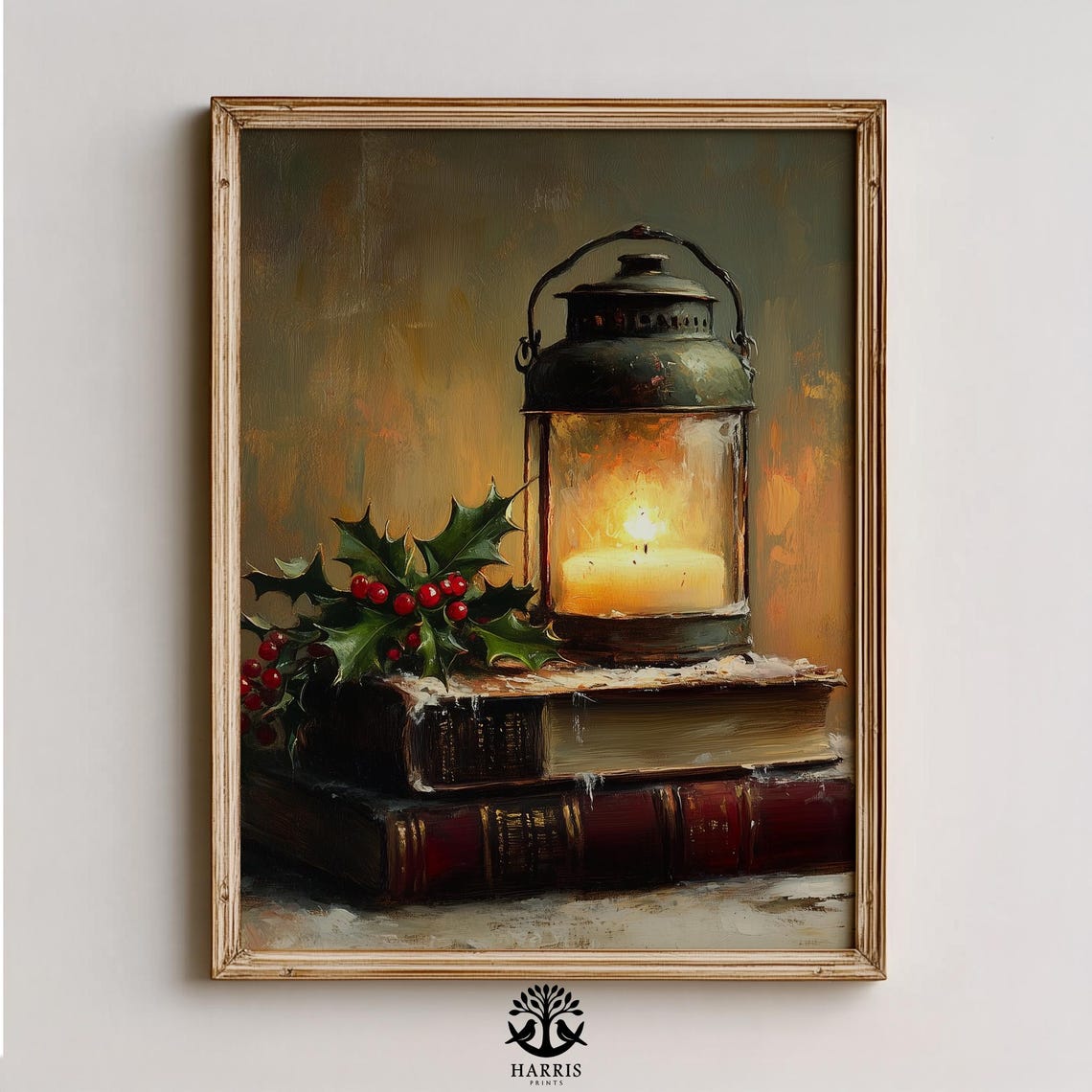 Vintage Lantern Antique Books Holly Candlelight Still Life Poster