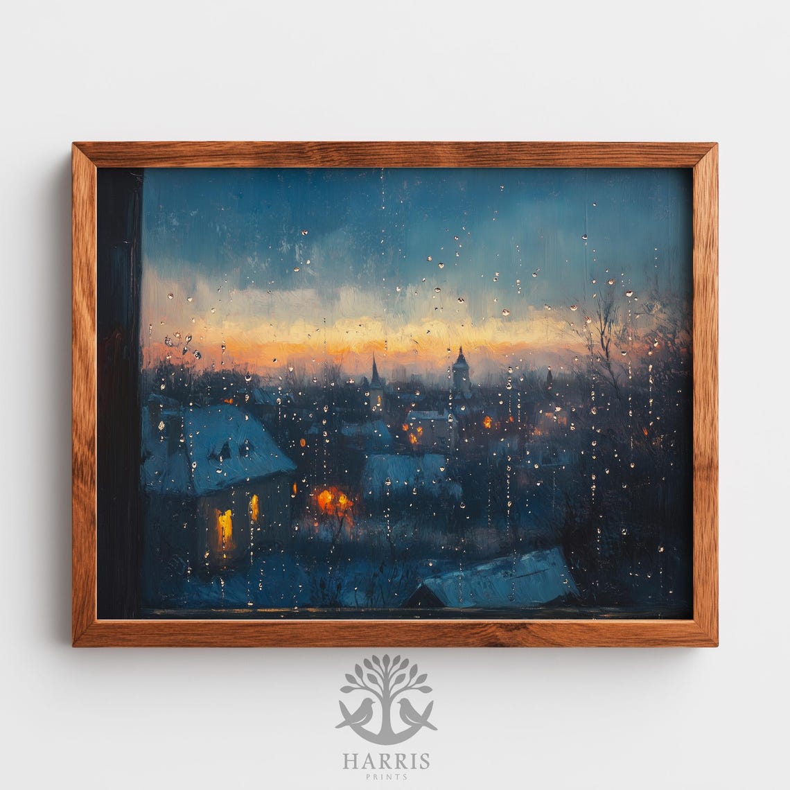 Winter Town Lights Through Rainy Window Painting Cozy Dusk Print