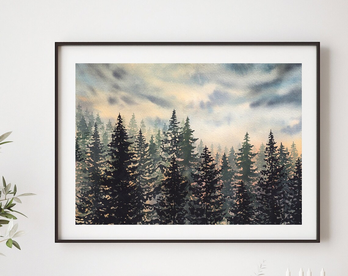Misty Pine Forest Poster Watercolor Evergreen Trees Landscape Art - Image 3