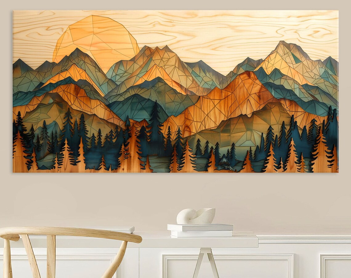 Layered Wood Ridge Orange Teal Peaks Sun Pines Mountain Art Poster