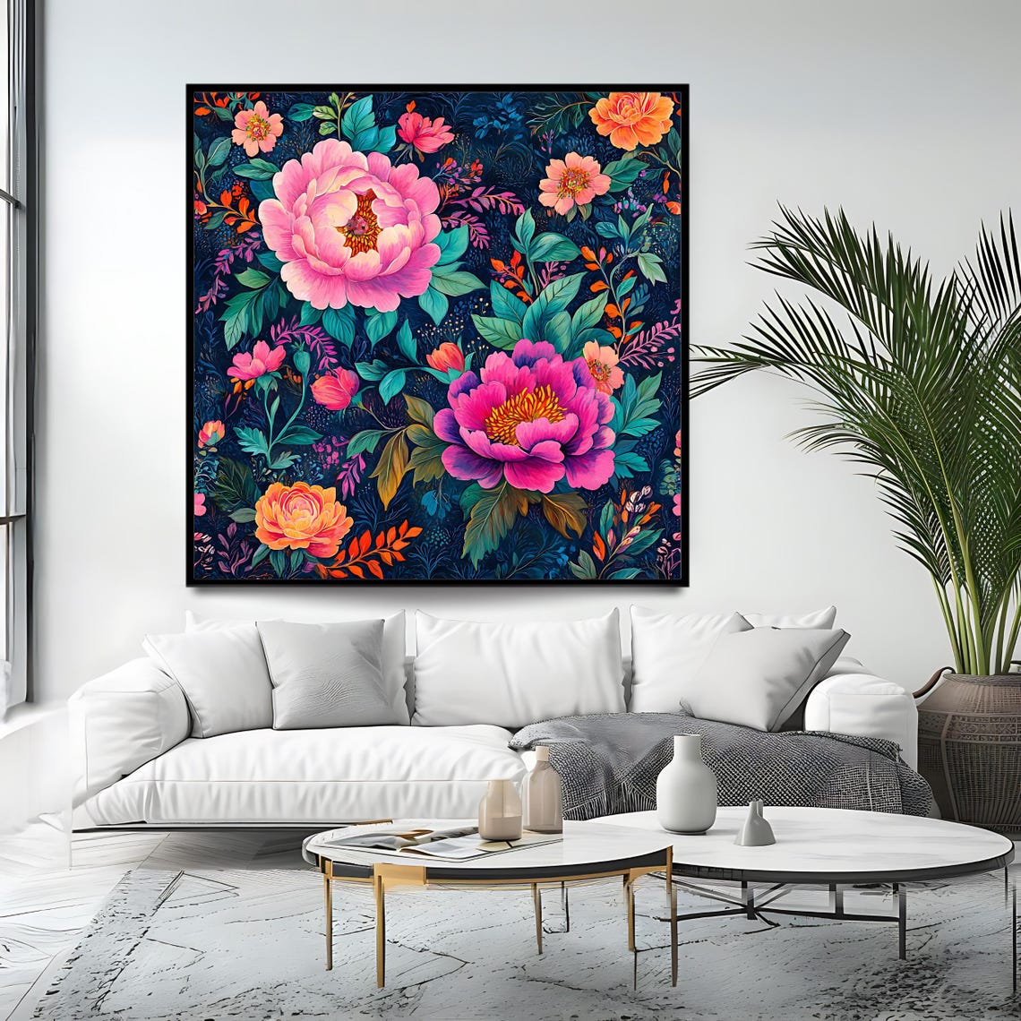 Vibrant Pink Peony Floral Pattern Midnight Blue Botanical Art Print - Image 4