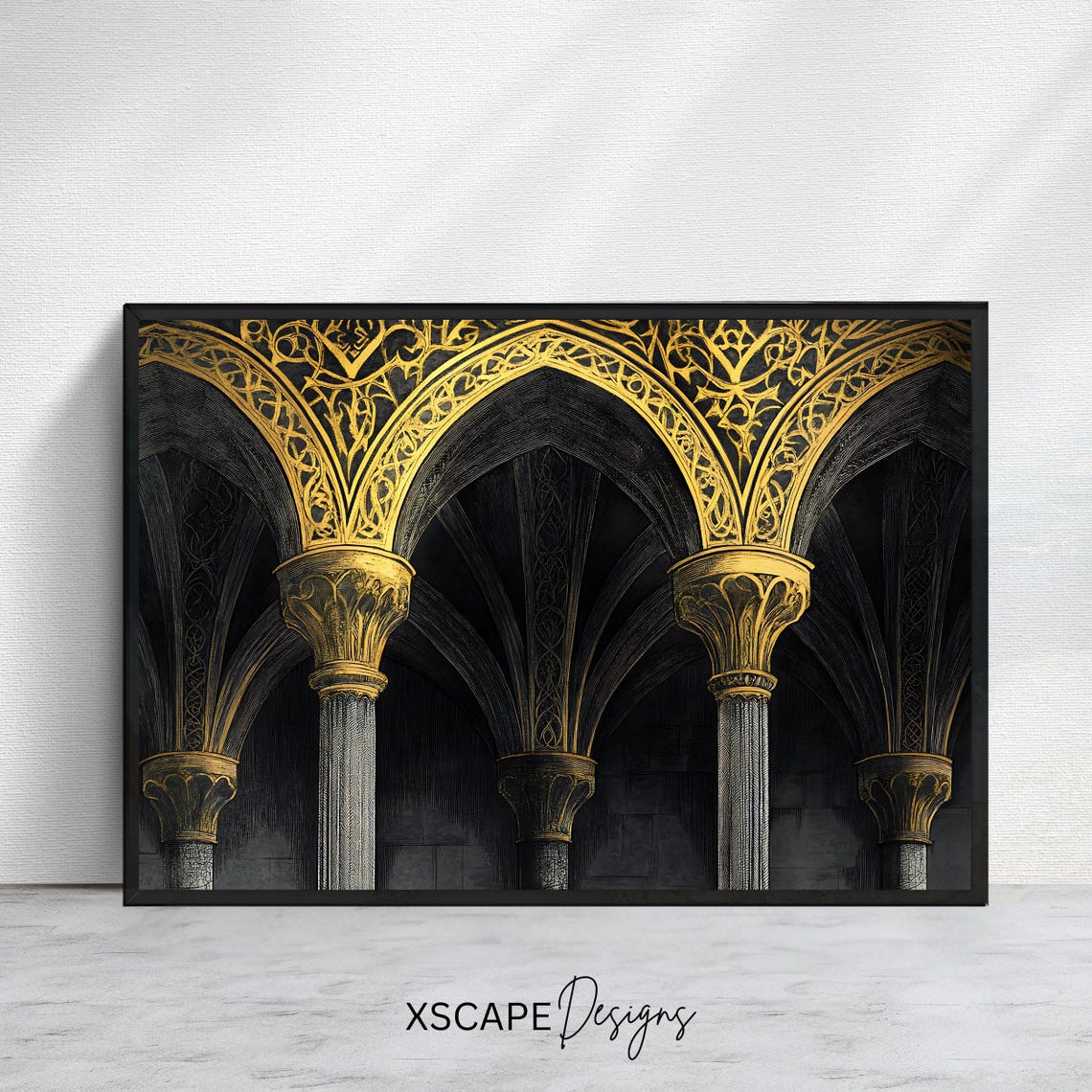Gold Black Islamic Archway Mosque Columns Ornamental Art Wall Print
