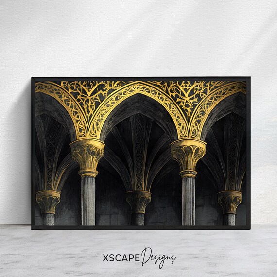 Islamic Archway Art Print Gold And Black Islamic Wall Decor Elegant Horizontal Wall Art Luxury Islamic