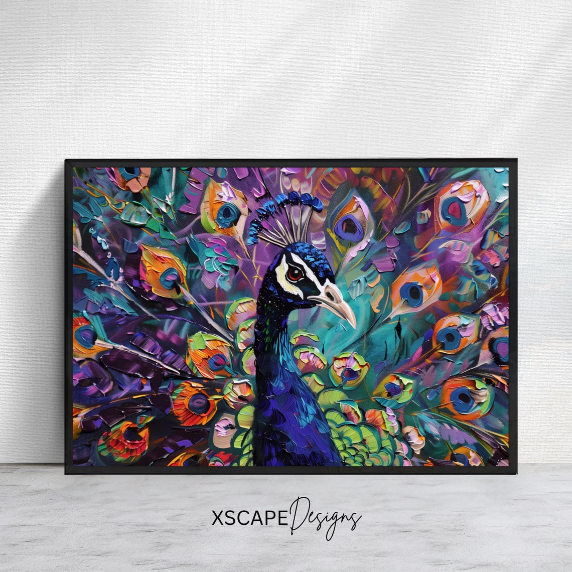Vibrant Peacock Impasto Painting Colorful Feather Fanned Tail Poster