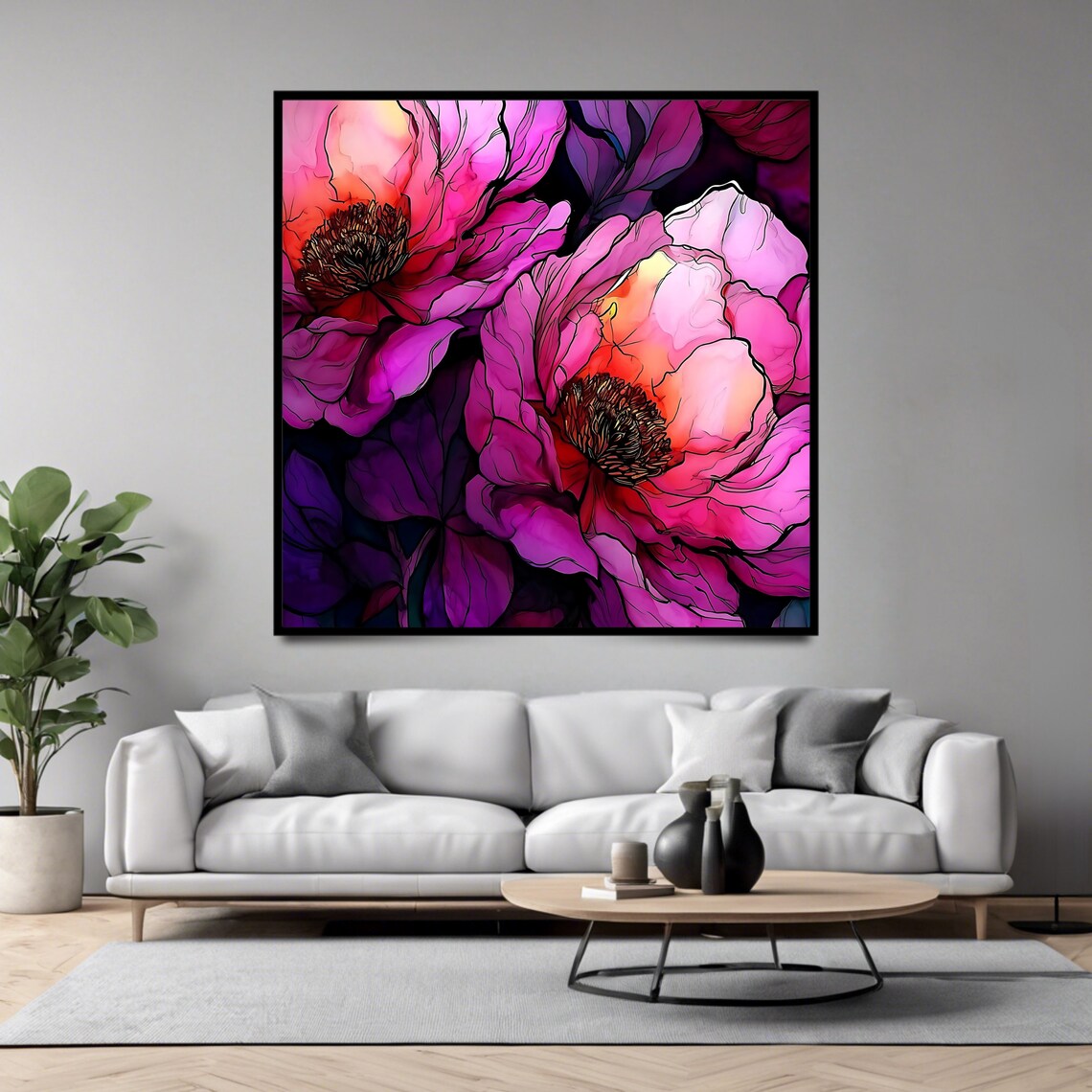 Vibrant Pink Peonies Alcohol Ink Blossoms Modern Floral Art Print - Image 4