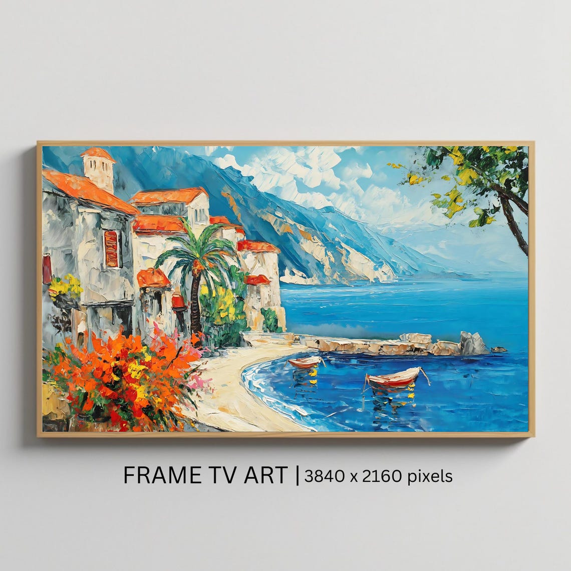 Mediterranean Coastal Town Harbor Red Boats Palm Trees Sea View Print
