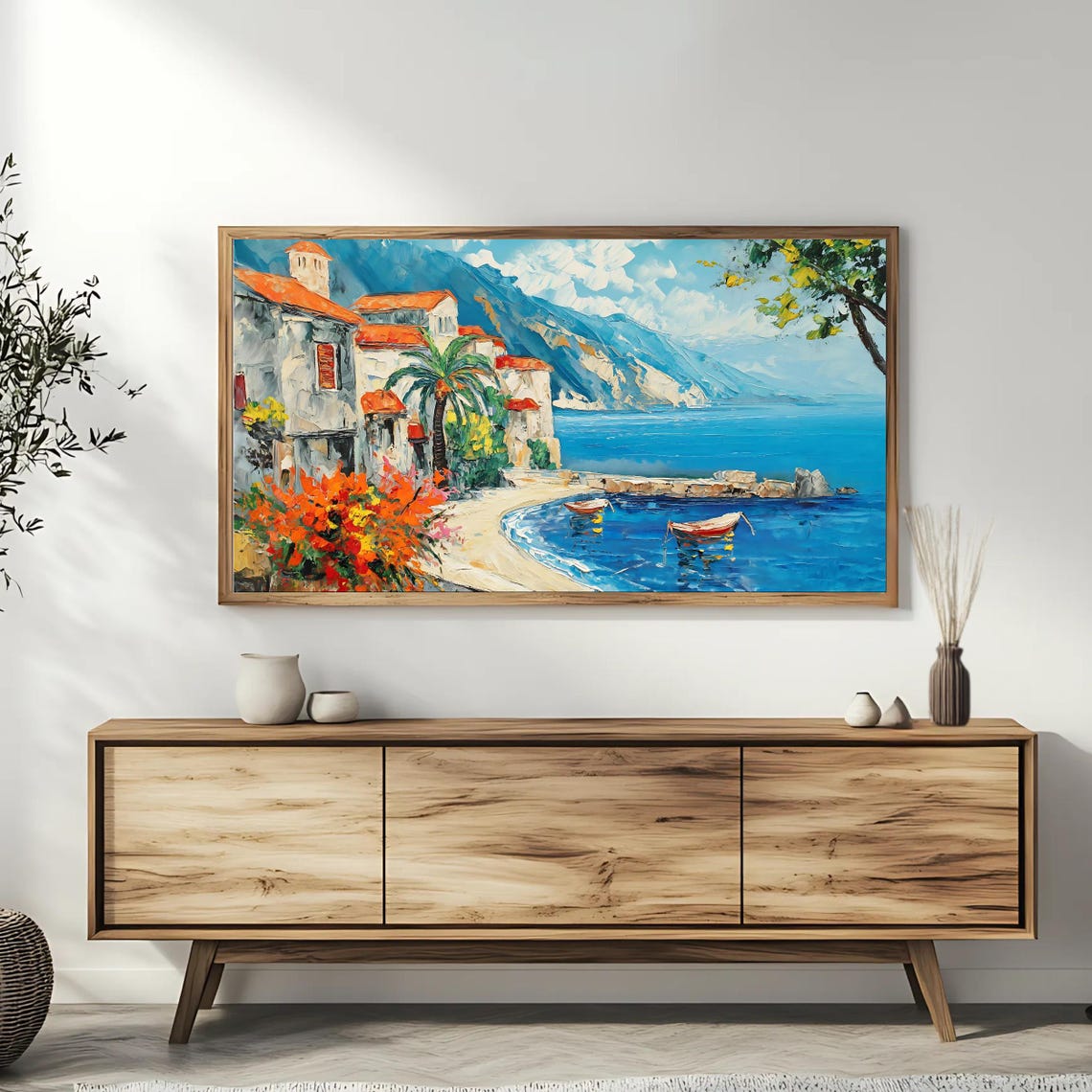 Mediterranean Coastal Town Harbor Red Boats Palm Trees Sea View Print - Image 3