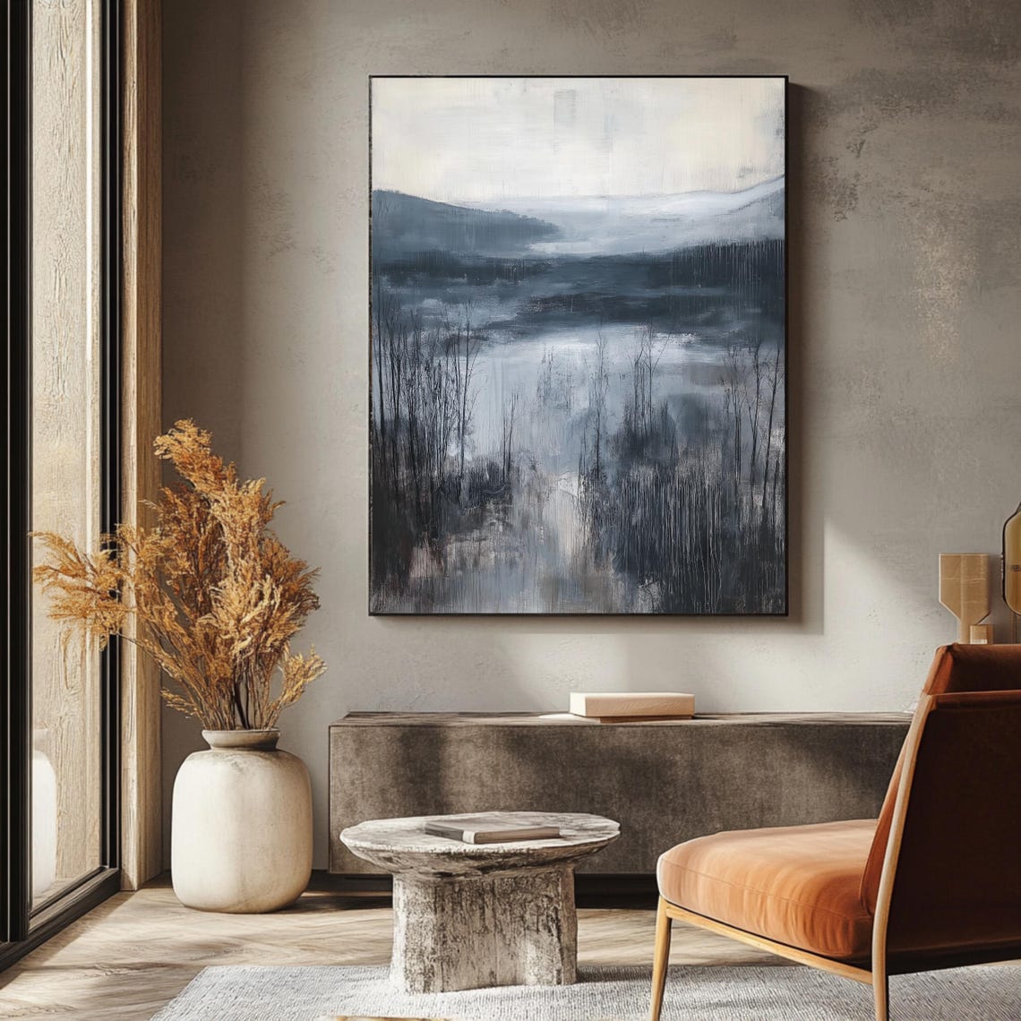 Moody Blue Misty Lake Bare Trees Minimalist Gray Nature Art Poster - Image 3