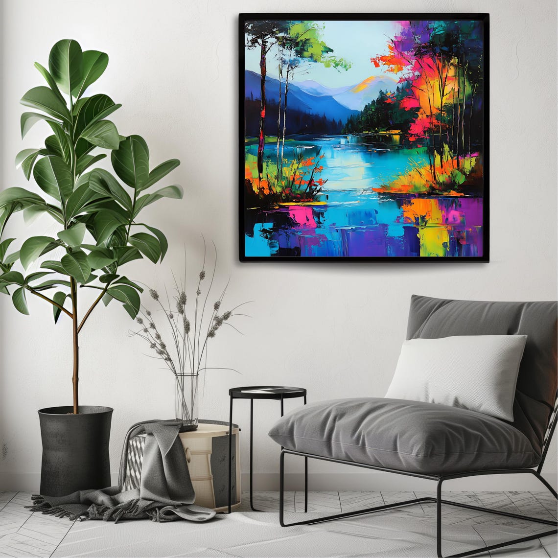 Neon Lake And Mountain Landscape Vibrant Colorful Abstract Art Poster - Image 3