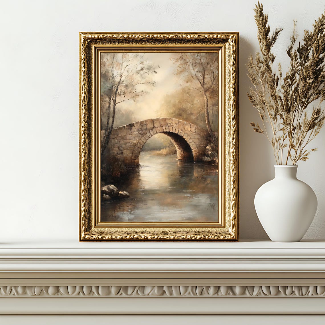 Rustic Bridge Art Print Neutral Landscape Wall Decor Countryside Home Art Vintage Painting - Image 2