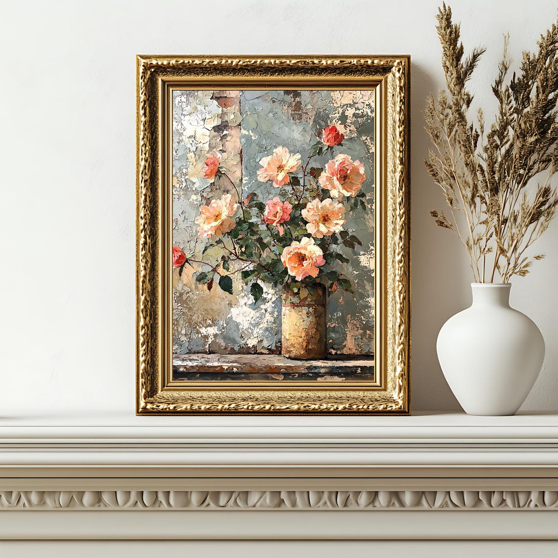 Vintage Floral Still Life Blush Roses Rustic Pot Distressed Wall Print - Image 2