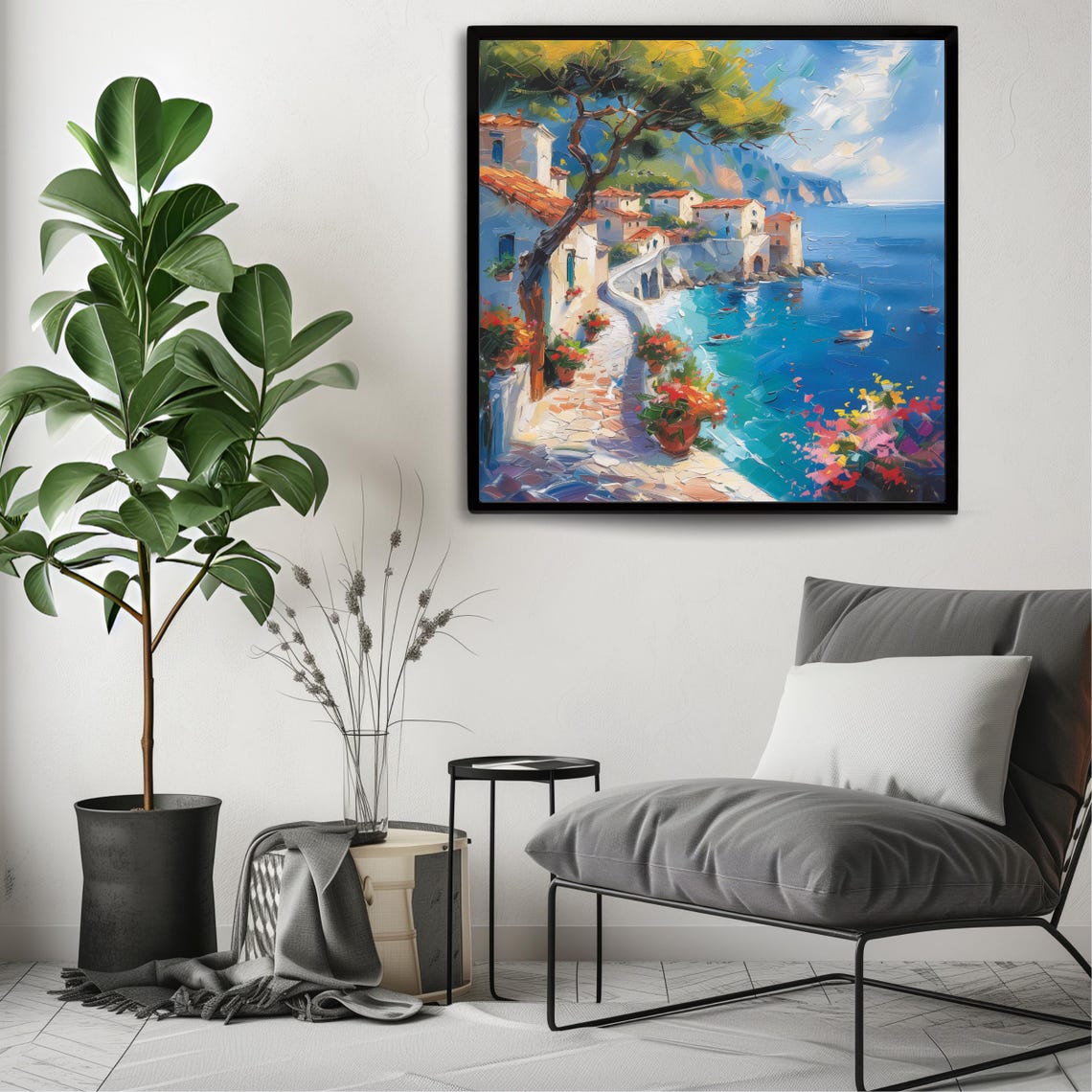 Mediterranean Coastal Village Pine Tree Turquoise Sea Painting Poster - Image 3