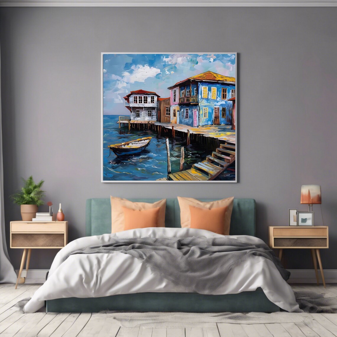 Coastal Village Colorful Houses Pier Fishing Boat Seascape Art Poster - Image 2