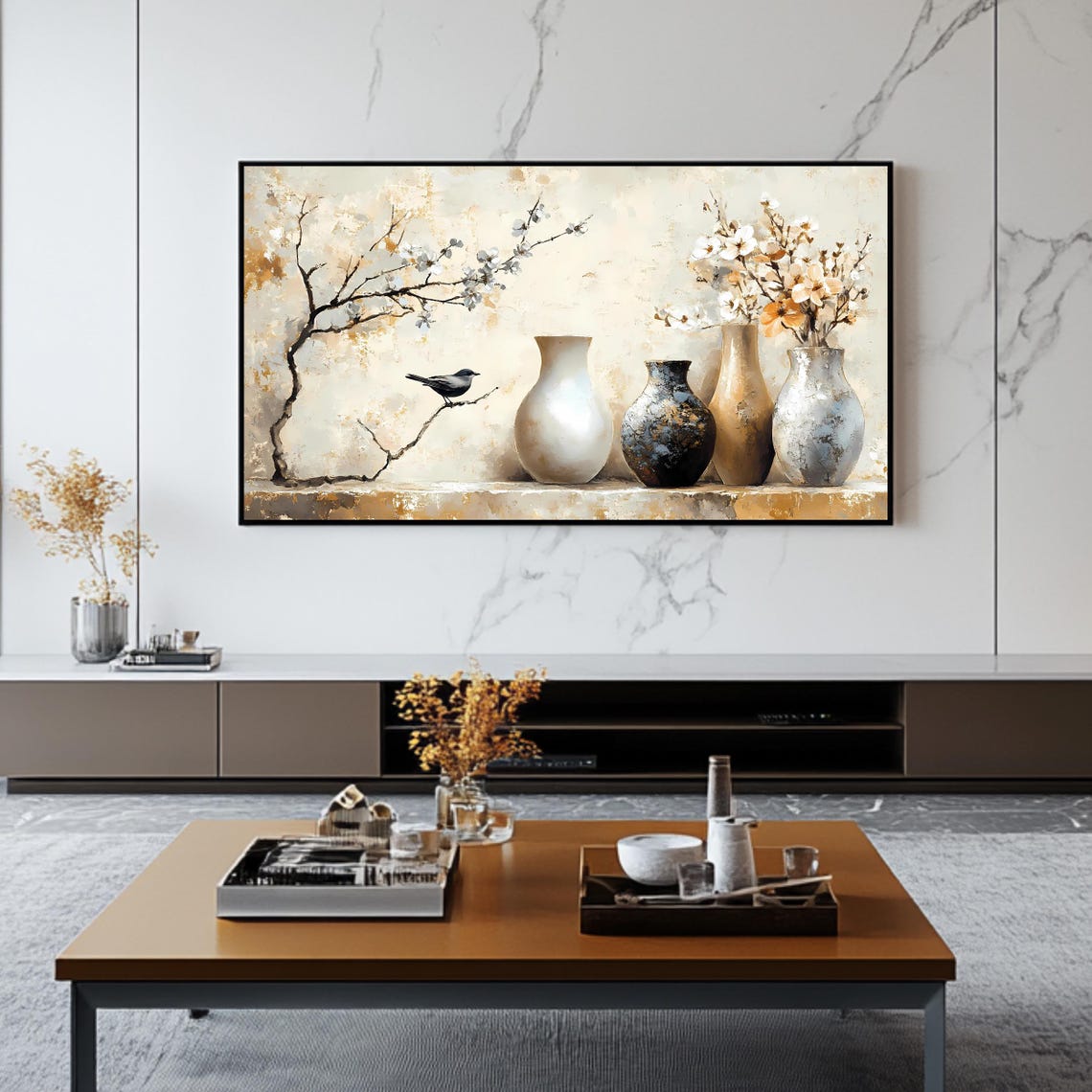 Elegant Ceramic Vases Cherry Blossom Bird Neutral Still Life Poster - Image 2