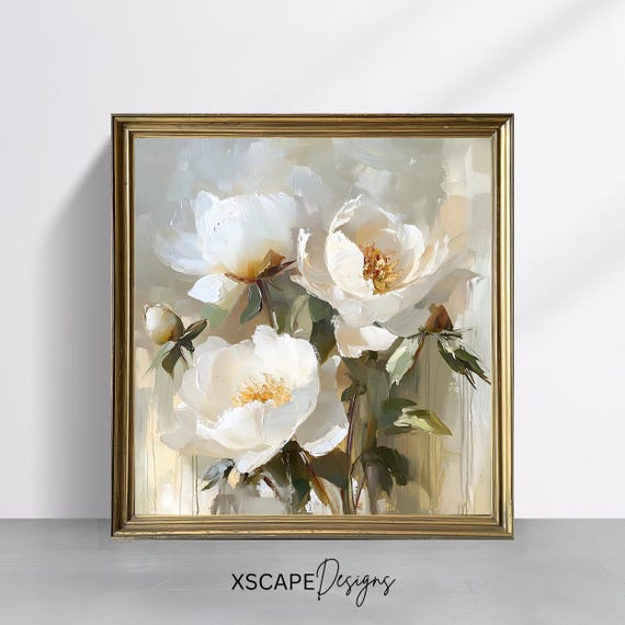 Vintage White Floral Art Print, Rustic Botanical Decor