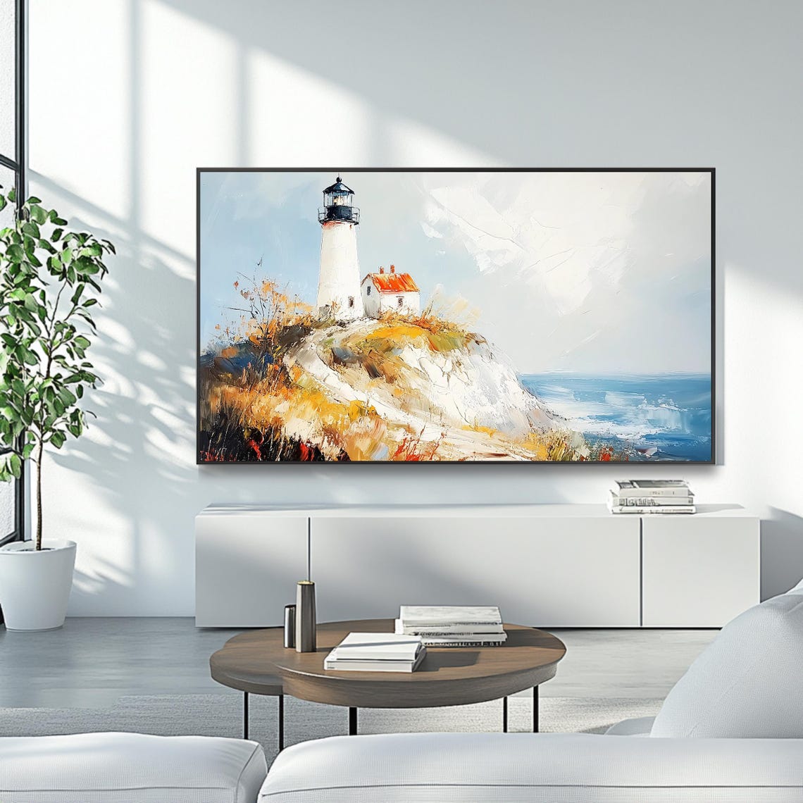 White Lighthouse Rocky Cliff Ocean Waves Nautical Beacon Travel Poster - Image 4