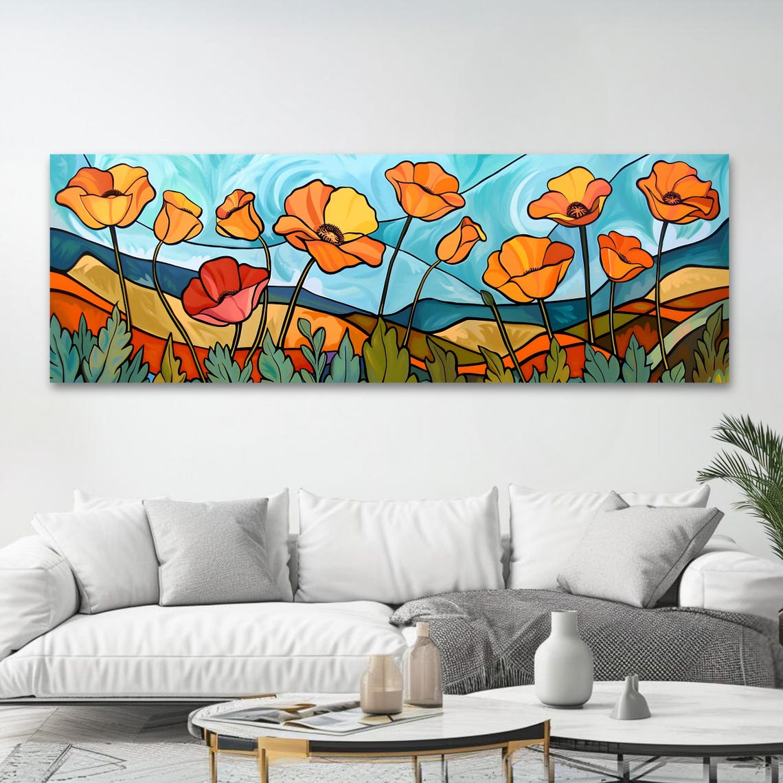 Orange Poppies Stained Glass Style Tall Stems Turquoise Sky Art Poster - Image 4