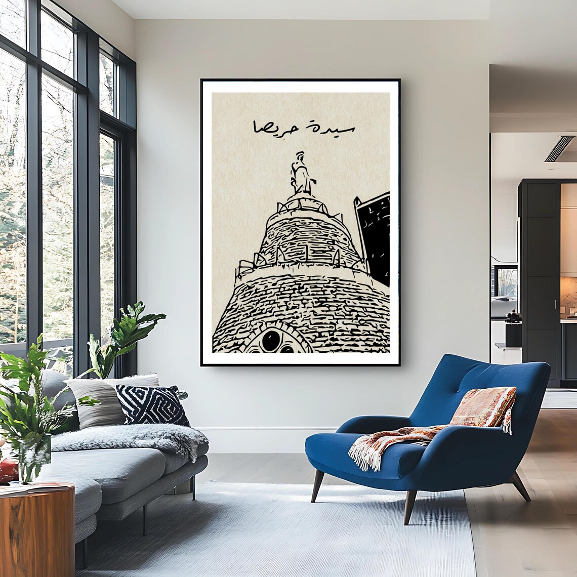 Our Lady Of Harissa Shrine Line Art Lebanon Landmark Religious Heritage Poster - Image 3