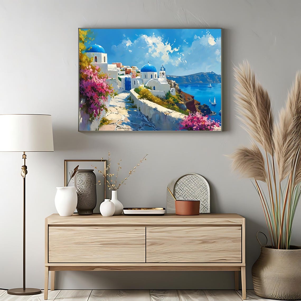 Santorini Blue Domes Bougainvillea Caldera Greek Island View Poster - Image 3