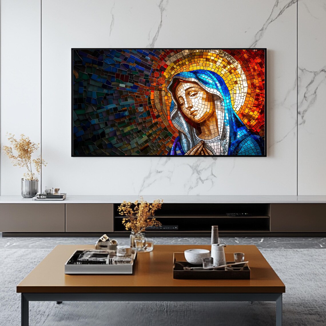 Blessed Virgin Mary Stained Glass Mosaic Golden Halo Christian Art Print Poster - Image 2