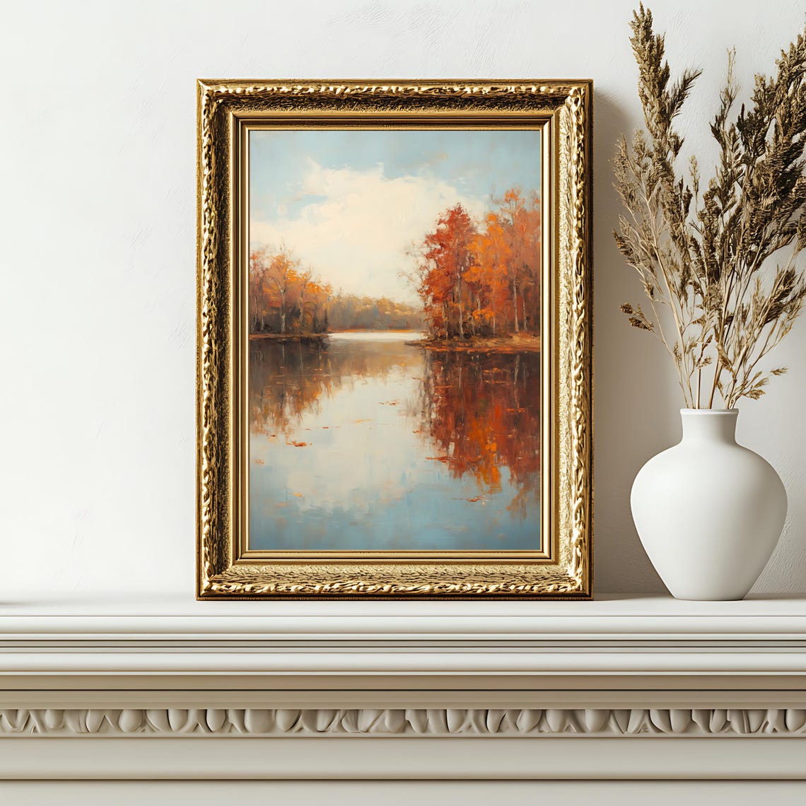 Autumn Lake with Mirror Reflections of Orange Trees Vintage Poster - Image 2
