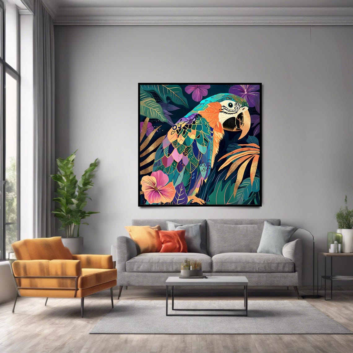 Colorful Tropical Parrot Among Exotic Flowers Jungle Art Poster - Image 2