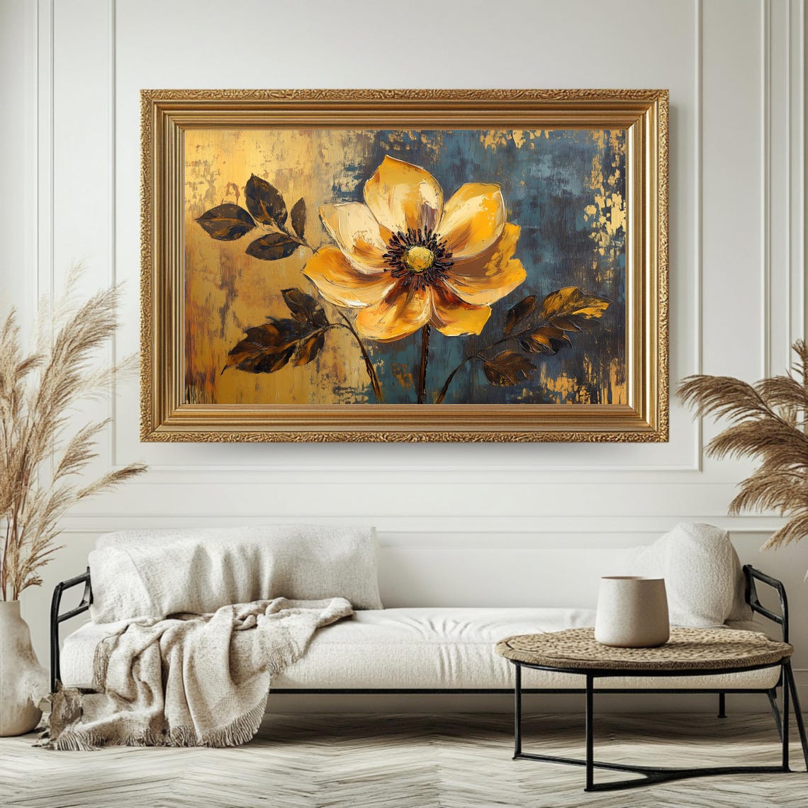 Yellow Flower Anemone Painting Golden Petals Teal Abstract Wall Art - Image 4