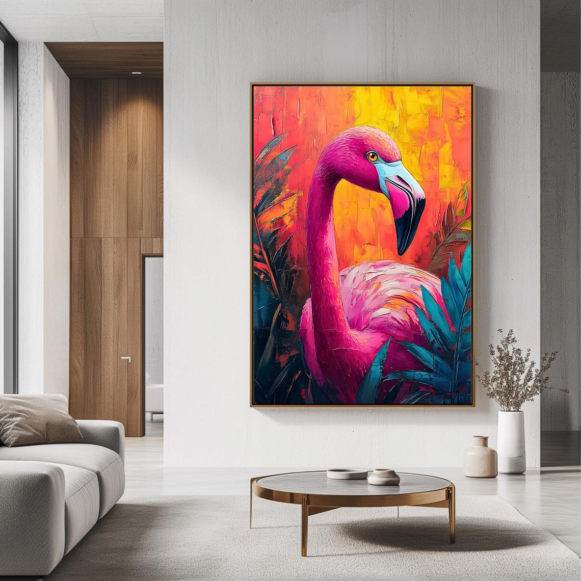 Pink Flamingo Portrait Tropical Orange Sunset Bold Wildlife Art Print - Image 3