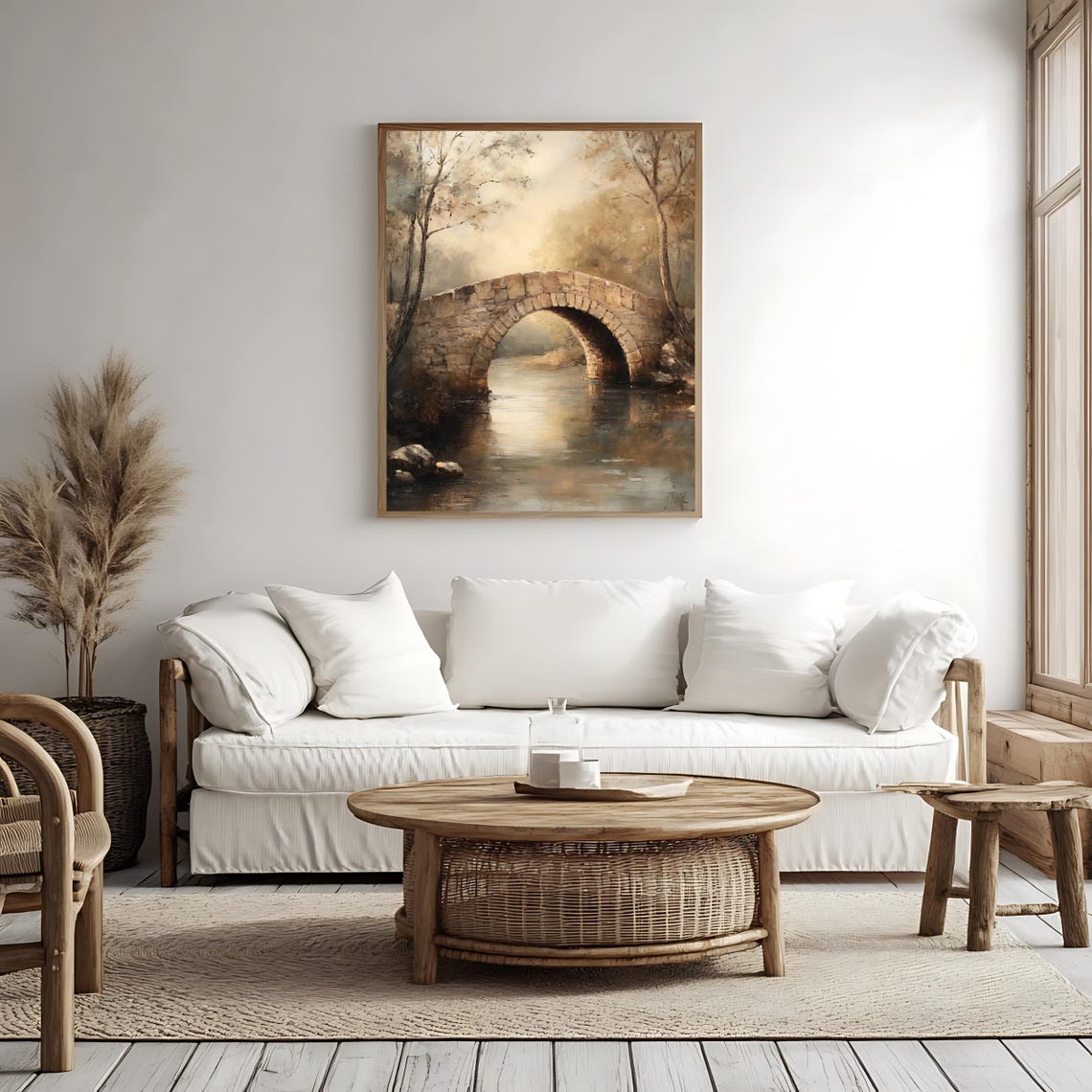 Rustic Stone Arch Bridge Over Calm River Misty Neutral Vintage Poster - Image 4