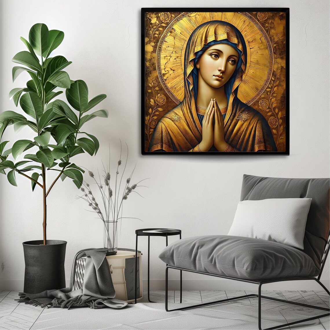 Byzantine Madonna Praying Hands Golden Halo Icon Religious Wall Art - Image 3