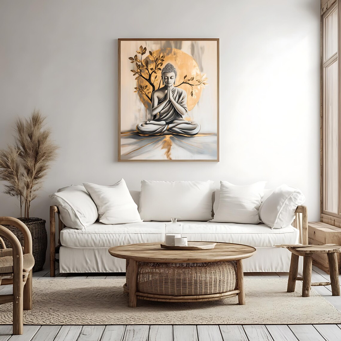 Meditating Buddha Before a Golden Moon Zen Spiritual Art Poster - Image 4
