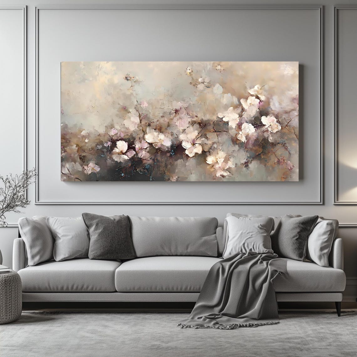 Neutral Cherry Blossom Branches Soft Beige Floral Painting Wall Art - Image 4