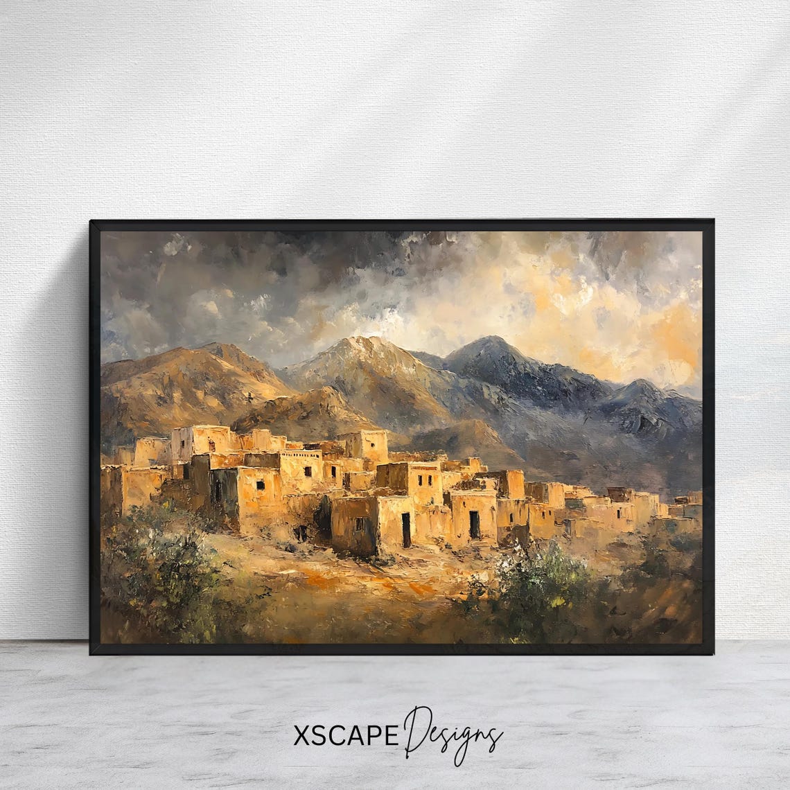 Middle Eastern Village Print Mountain Landscape Art Rustic Desert Artwork Cultural Wall Decor Nature Art
