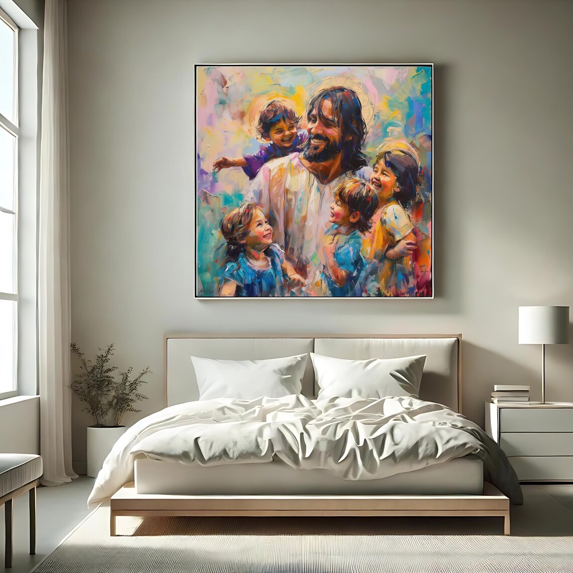 Jesus With Children Joyful Embrace Colorful Religious Painting Inspirational Poster - Image 2