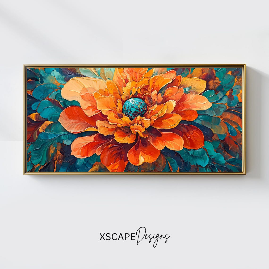 Bold Orange Teal Bloom Close-Up Impasto Floral Panoramic Art Poster